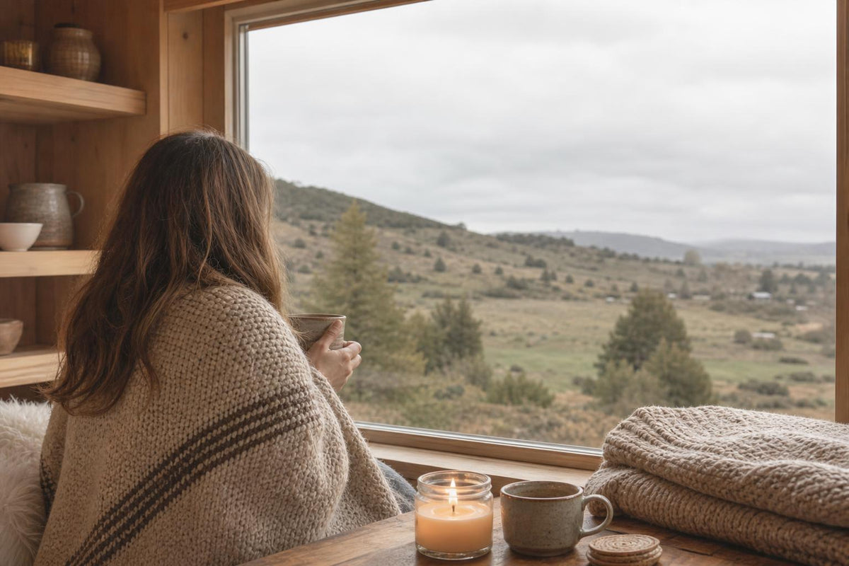 Interior calido de una casa en la Patagonia chilena con vista natural al paisaje, persona de espaldas descansando junto a la ventana