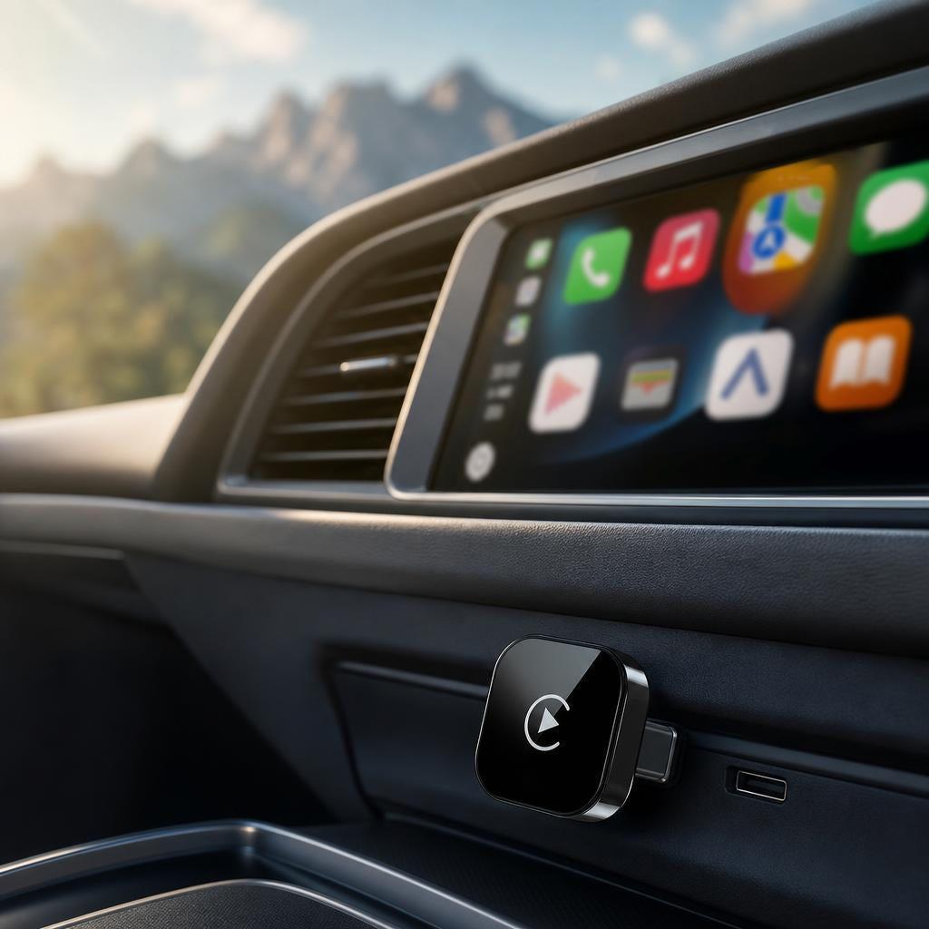 Adaptador inalambrico CarPlay PataGoHome en auto con vista a montanas